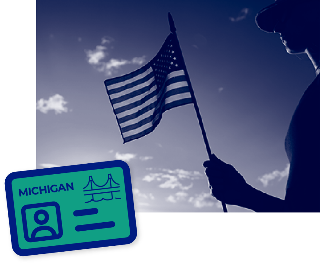 image of man holding an American flag with a Michigan license icon