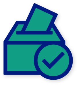 blue and green icon showing a paper going into a box with a check mark