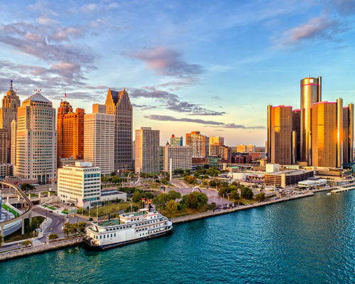 Detroit Michigan skyline with golden light