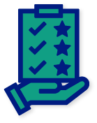 blue and green icon of hand holding a ballot with checks and stars